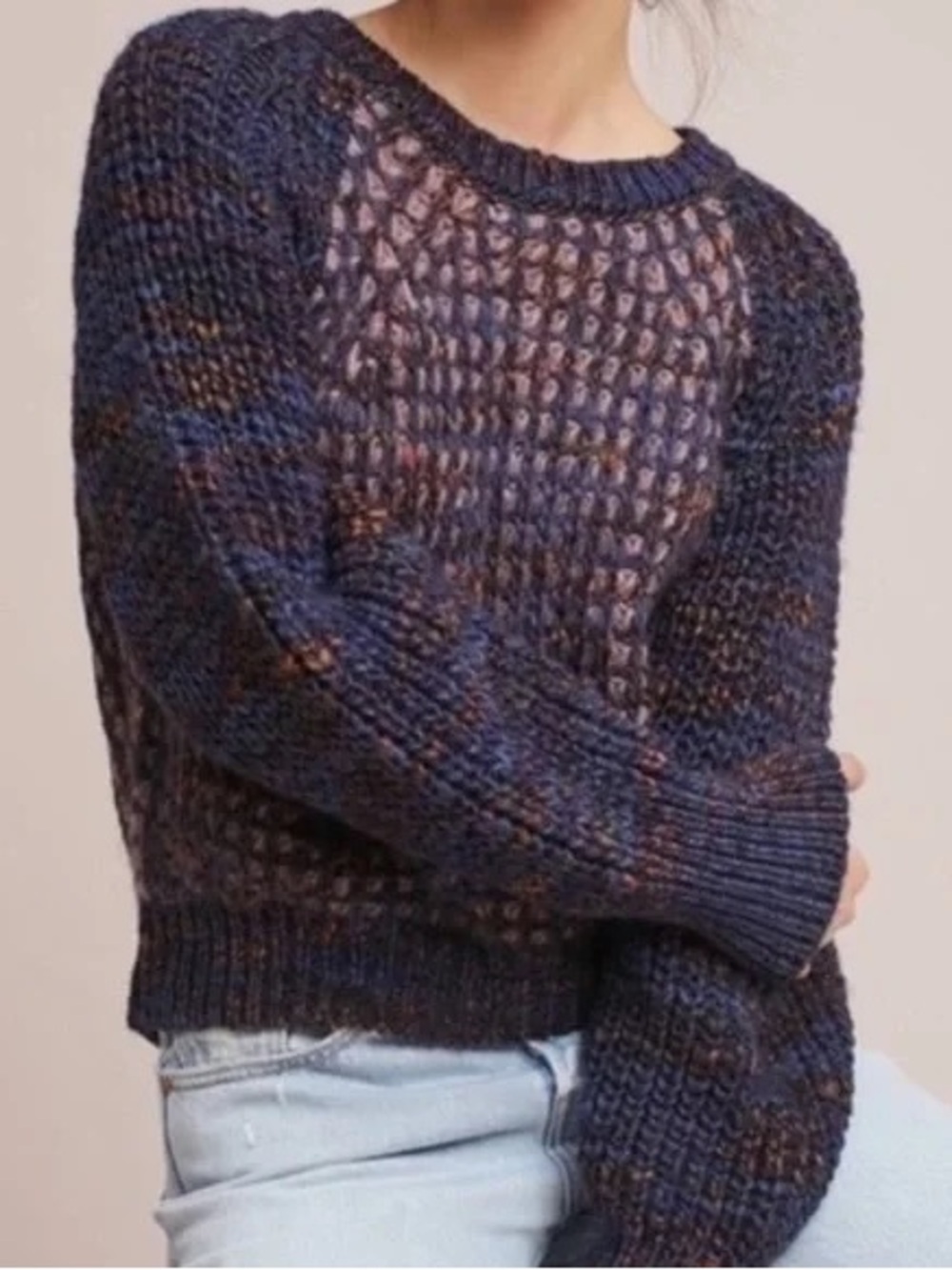 Anthropologie Moth Womens Hillwalk Puff Long Sleeve Sweater Navy Chunky Medium